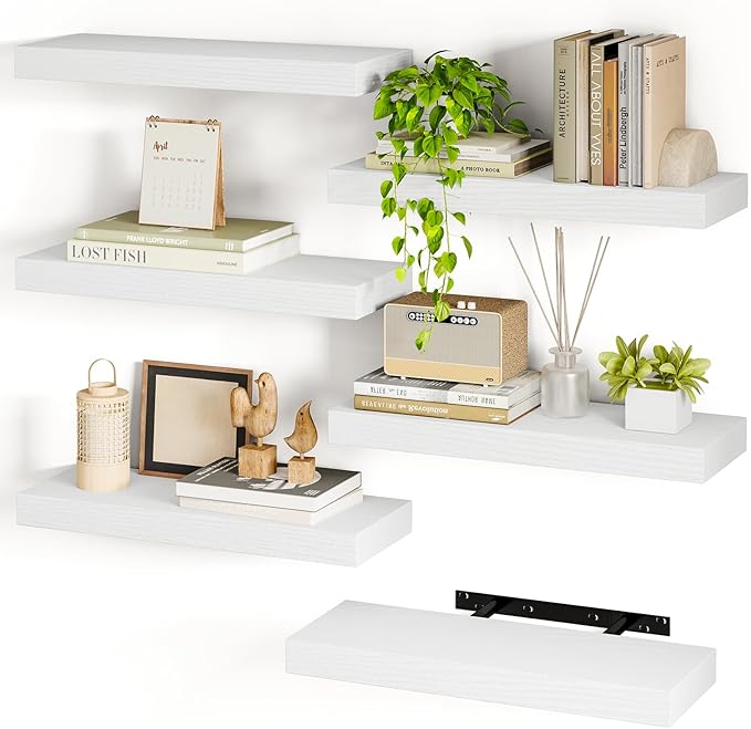 Fixwal 15.8in White Floating Shelves, Set of 6 Wood Shelves, Farmhouse Shelf Wall Decor for Bathroom, Bedroom, Living and Kitchen Room