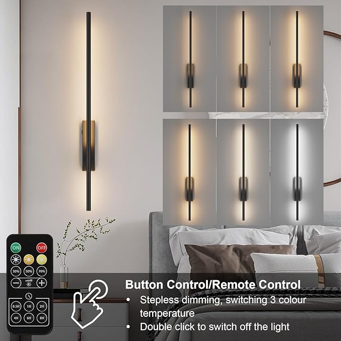 Battery Operated Wall Sconces with Remote Control, 6W 6000mAh Dimmable Wireless Wall Sconces Set of 2, Rechargeable Wall Lights Indoor for Living Room Bedroom Hallway, 32.7inch, 2 Pack,Black