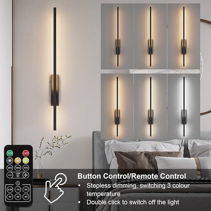 Battery Operated Wall Sconces with Remote Control, 6W 6000mAh Dimmable Wireless Wall Sconces Set of 2, Rechargeable Wall Lights Indoor for Living Room Bedroom Hallway, 32.7inch, 2 Pack,Black