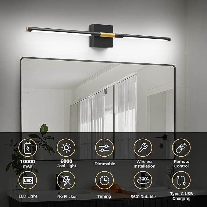 L LOHAS LED Battery Operated Wall Sconces Set of 2, Battery Wall Sconce 10000mAh, Gold and Black Rechargeable Sconces 6000K, 28.3 Inch Wireless Wall Lights, Sconce Wall Decor for Bedroom, Living Room