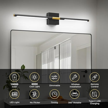 L LOHAS LED Battery Operated Wall Sconces Set of 2, Battery Wall Sconce 10000mAh, Gold and Black Rechargeable Sconces 6000K, 28.3 Inch Wireless Wall Lights, Sconce Wall Decor for Bedroom, Living Room