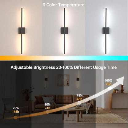 Battery Operated Wall Sconce Set of 2, 10400mAh Rechargeable Wall Lights, 3000K-6000K Dimmable, 350°Rotate, Indoor Wall Sconces with Remote for Bedroom Living Room Bathroom, Black, 31.5 Inch