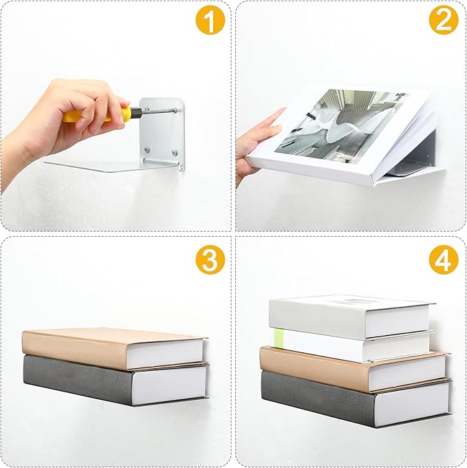 Jetec 6 Pack Invisible Floating Bookshelf Wall Mounted Floating Bookshelves Heavy Duty Book Organizers Hidden Book Shelf Metal Shelves Holder for Books Bedroom Living Room Home Office (Silver Grey)
