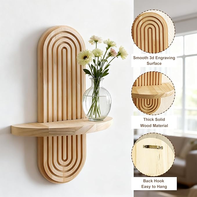 2 Pack Boho Shelf Wall Decor - Handmade Solid Wood Floating Shelves Rainbow Arch Trinket Storage Rack Wall Decor for Bedroom Living Room Nursery Bathroom