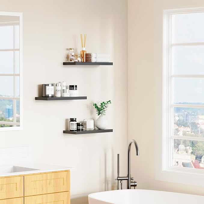 Floating Shelves Set of 3, Black Wood Wall Mounted Shelf 16