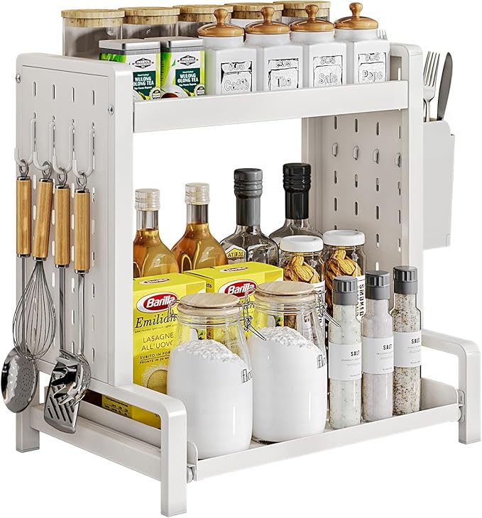 Spice Rack 2 Tier Metal Standing Kitchen Seasoning Storage Shelf with Hanging Basket Pull Out Countertop Organizer for Counter, Cabinet, Pantry, Bathroom, Bedroom (White)