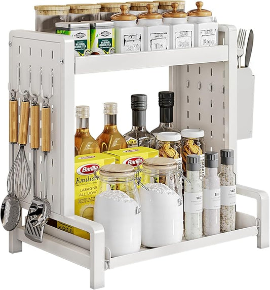Spice Rack 2 Tier Metal Standing Kitchen Seasoning Storage Shelf with Hanging Basket Pull Out Countertop Organizer for Counter, Cabinet, Pantry, Bathroom, Bedroom (White)