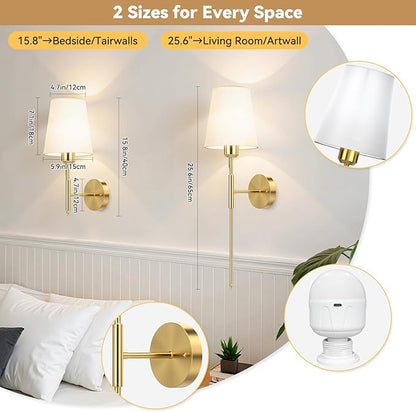 25.6 inch Battery Operated Wall Sconces Set of 2, Wireless Wall Lights with Rechargeable Bulbs & Remote, 15 Colors & Dimmable, Battery Powered Wall Lights for Bedroom, Living Room, Hallway