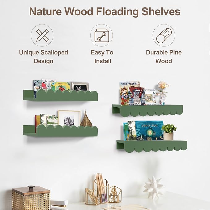Scalloped Shelves for Nursery - Wall Book Shelves for Bedroom Kids, Nursery Bookshelf for Wall Set of 4, Floating Book Shelves Solid Wood,16 Inch, Sage