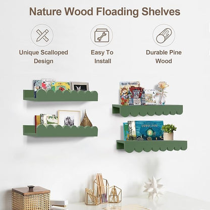 Scalloped Shelves for Nursery - Wall Book Shelves for Bedroom Kids, Nursery Bookshelf for Wall Set of 4, Floating Book Shelves Solid Wood,16 Inch, Sage