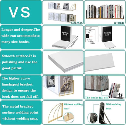Gold White Shelves Pine Wood 23.5×7.87 Inch Book Shelf for Wall with Elegant Lines,Gold Floating Shelves,Floating Shelves for Wall,White Floating Bookshelf Set of 2.