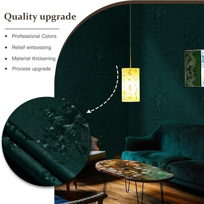 Dimoon 17.7''x78.7'' Green Peel and Stick Wallpaper Gothic Floral Wall Paper Contact Paper Closeout Renter Friendly Modern Self Adhesive Damask Cabinet Vinyl Roll(78.7''x17.7'', Green Floral Textured)