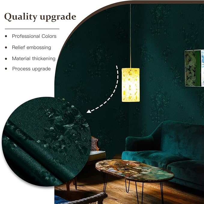 Dimoon 17.7''x78.7'' Green Peel and Stick Wallpaper Gothic Floral Wall Paper Contact Paper Closeout Renter Friendly Modern Self Adhesive Damask Cabinet Vinyl Roll(78.7''x17.7'', Green Floral Textured)