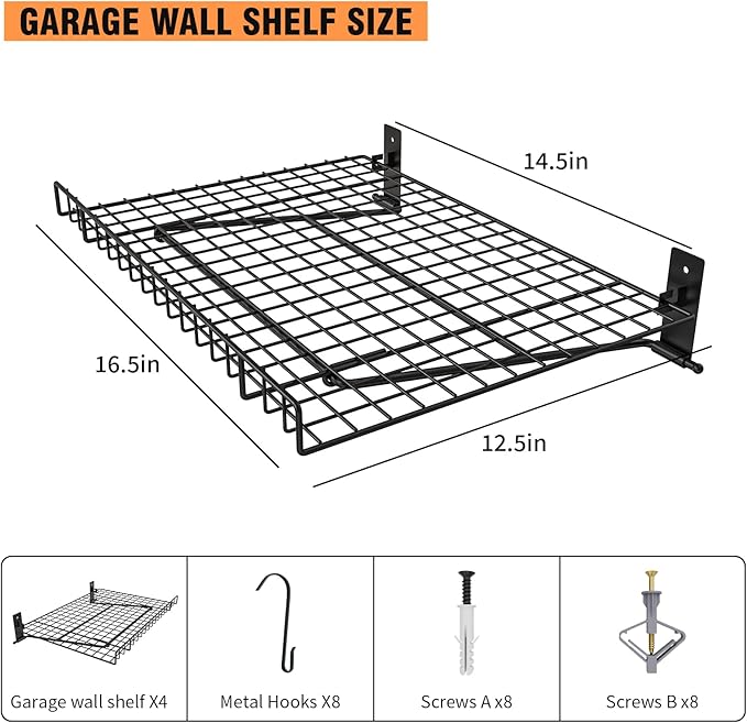 4 Pack Foldable Wall Shelf, Wall Mounted Garage Storage Shelves, Heavy Duty Wall Shelving Supports Up To 180 LBS. Floating Shelves With 8 Hooks Metal Storage Rack for Office, Kitchen and Laundry Room