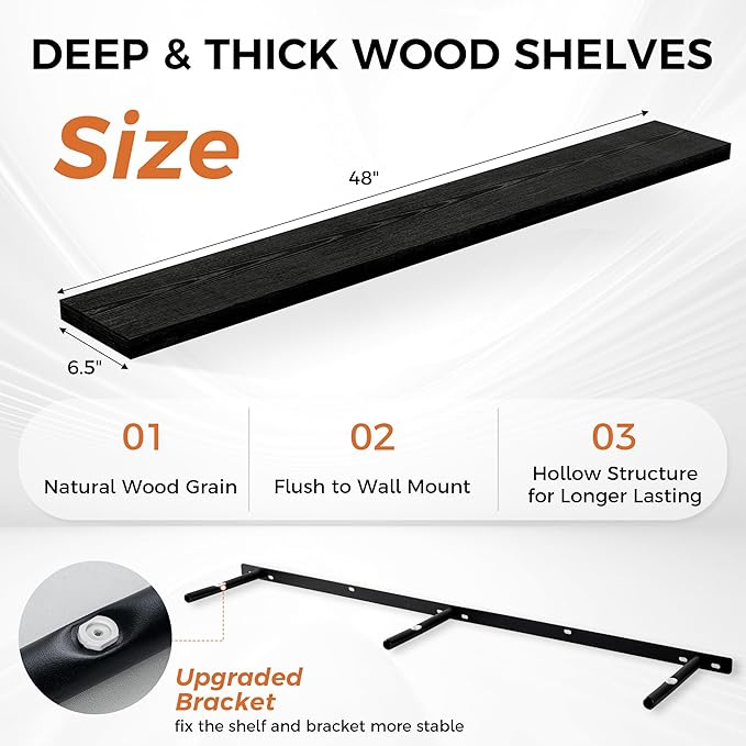 Fun Memories Floating Shelves for Wall, 48 Inch Floating Shelves for Home Decor, Wall Mounted Rustic Wood Shelves, Bathroom, Hanging Deep Shelf for Bedroom, Living Room, Kitchen (Black, Set of 2)