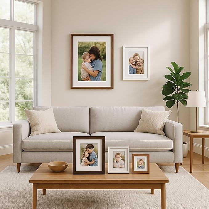 puthiac 6x8 Solid Oak Wood Picture Frame, Fits 5x7 with Mat or 6x8 Without Mat, Wall or Tabletop Display with Stand, Vertical or Horizontal, Plexi Front, 3 Pack, White