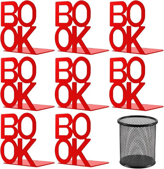 Book Ends - Decorative Metal Book Ends Supports for Bookrack Desk,Books, Unique Appearance Design,Heavy Duty (Red, 4 Pair)