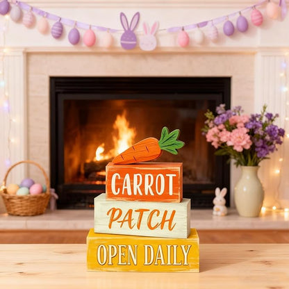 Easter Decorations - Easter Carrot Patch Tiered Tray Decor - Wooden Farm Stand Tabletop Decoration - Rustic Farmhouse Spring Home Decor Indoor for Tiered Tray Shelf Mantel Coffee Table Kitchen Counter