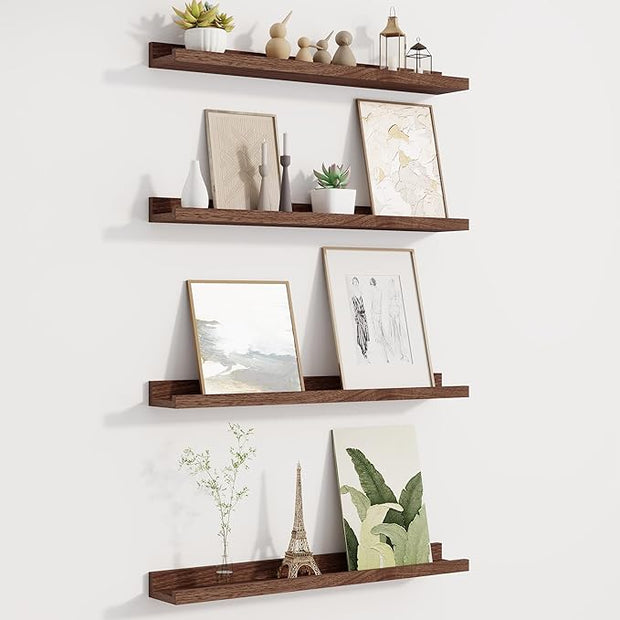 Fun Memories Picture Ledge Shelf for Wall, Floating Shelves Set of 4, 24 Inch Long Nursery Book Shelves for Toys Storage, Kids Bookshelf Wall Mounted for Books Photo Frames, Walnut