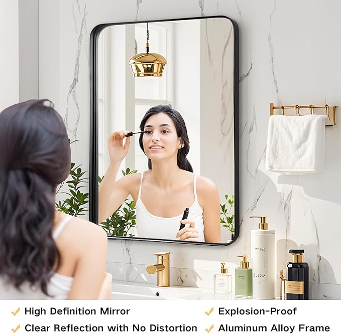 24x30 Inch Black Metal Framed Mirror - Black Bathroom Mirror for Over Sink, Matte Round Corner Rectangle Vanity Mirror for Restroom, Bedroom, Entryway, Hanging Vertically or Horizontally