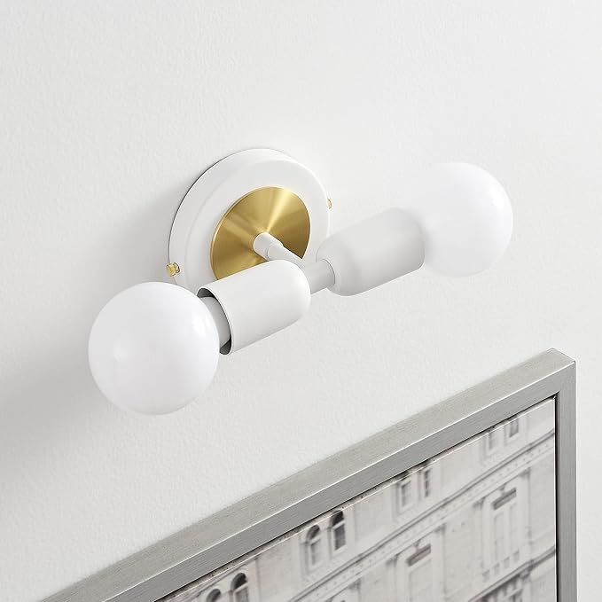 BRIGHTTIA Luna Duo 2 Light Wall Sconce - Mid Century Modern Fixture for Wall & Ceiling - Minimalist Edison Lamp for Hallway and Bathroom Vanity - White & Gold (BW0026-2WG)
