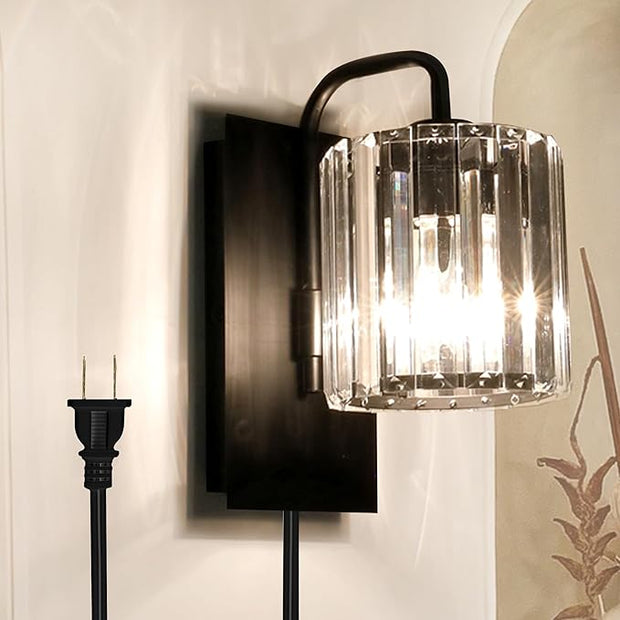 Plug in Sconces, Square Crystal Sconce Black Plug in Wall Sconce with On Off Dimmer Cord, Glass Wall Light Fixtures for Living Room Bedroom Hallway Staircase Bedside