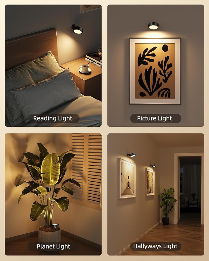 EZVALO LED Wall Mounted Light, 3000mAh Rechargeable Cordless Wall Sconce, Dimmable with Remote & Touch Control, 3 Color Temps, 360° Rotatable for Bedroom, Bedside, Reading(Black, 3Pack)