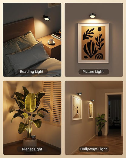EZVALO LED Wall Mounted Light, 3000mAh Rechargeable Cordless Wall Sconce, Dimmable with Remote & Touch Control, 3 Color Temps, 360° Rotatable for Bedroom, Bedside, Reading(Black, 3Pack)