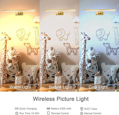 Picture Light, 16 inches Art Light, Picture Light Battery Operated,3CCT Picture Lights for Wall,Battery Operated Wall Lights,Gallery Light for Wall,Photo,Library (Gold-Painted)