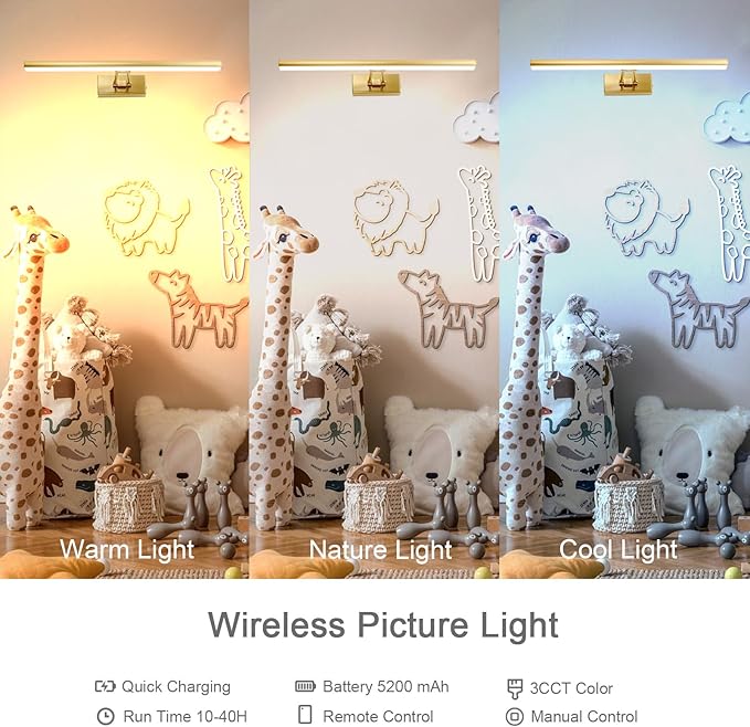 Picture Light,13.5" Art Light, Picture Light Battery Operated,3CCT Picture Frame Light,Wireless Picture Lights for Painting,Wall Display, Photo,Library Gold-Painted