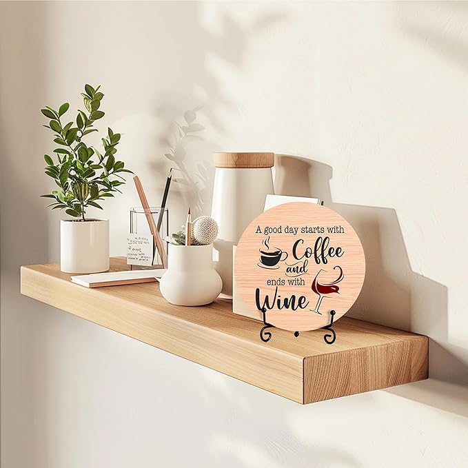 Coffee And Wine Desk Decor Sign, Rustic Funny Wooden Box Plaque, A Good Day Starts With Coffee And Ends With Wine Wood Sign, Decor For Home Kitchen Table Top, Wooden Round With Stand-24