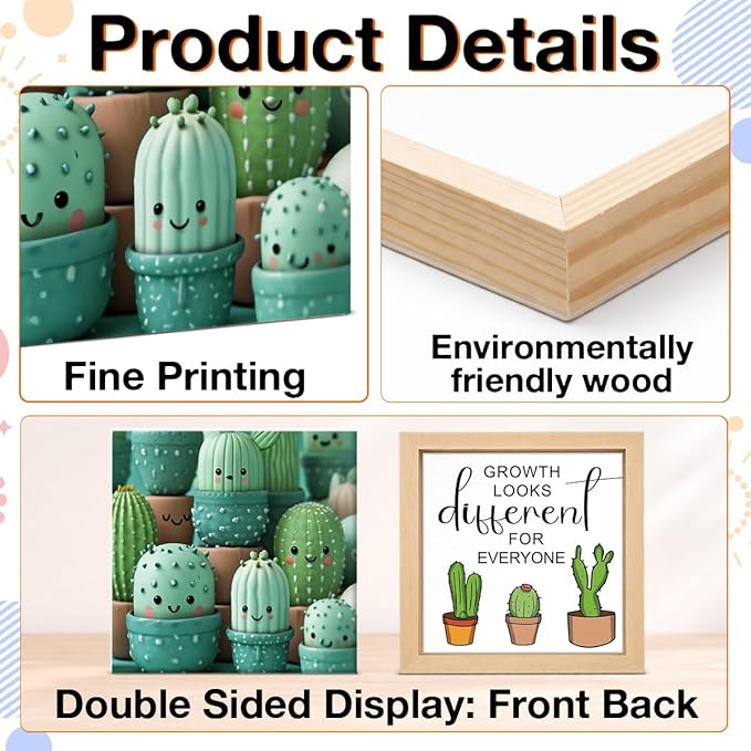 Inspirational Plant Decor Sign - Office Gift for Plant Lover Coworker - Double-sided Cactus Decor for Tiered Tray Table Desk Shelf Decoration