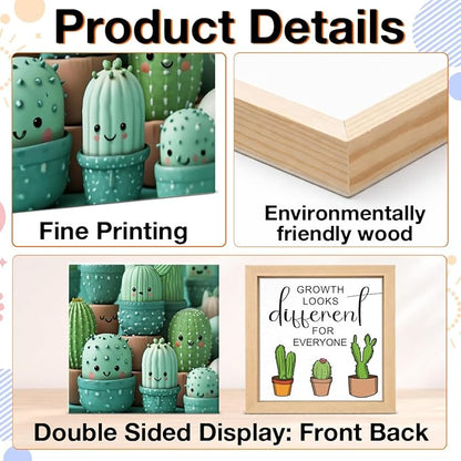Inspirational Plant Decor Sign - Office Gift for Plant Lover Coworker - Double-sided Cactus Decor for Tiered Tray Table Desk Shelf Decoration
