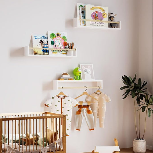 Fixwal Nursery Bookshelves, 16.5 Inch Floating Shelves for Wall Set of 3, Kids Bookshelf for Bedroom, Baby Nursery Decor (White and Natural)