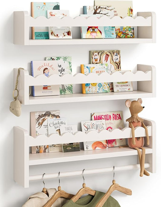 Nursery Book Shelves, Scalloped Shelves, Floating Book Shelves for Wall, Nursery Deocr for Baby, Toddler (White, 16.5 Inches)
