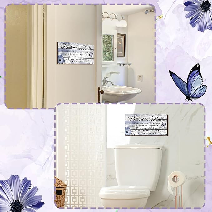 Jetec 2 Pieces Funny Bathroom Signs Bathroom Wall Decor Toilet Wall Accessories Farmhouse Toilet Rustic Wooden Signs, 12x6 Inch(Purple Daisy Style)
