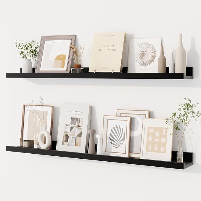 Dreamland Picture Ledge Shelf for Wall, Floating Shelves Set of 2, 36 Inch Long Floating Shelves with Lip for Living Room, Bedroom, Bathroom, Kitchen, Black