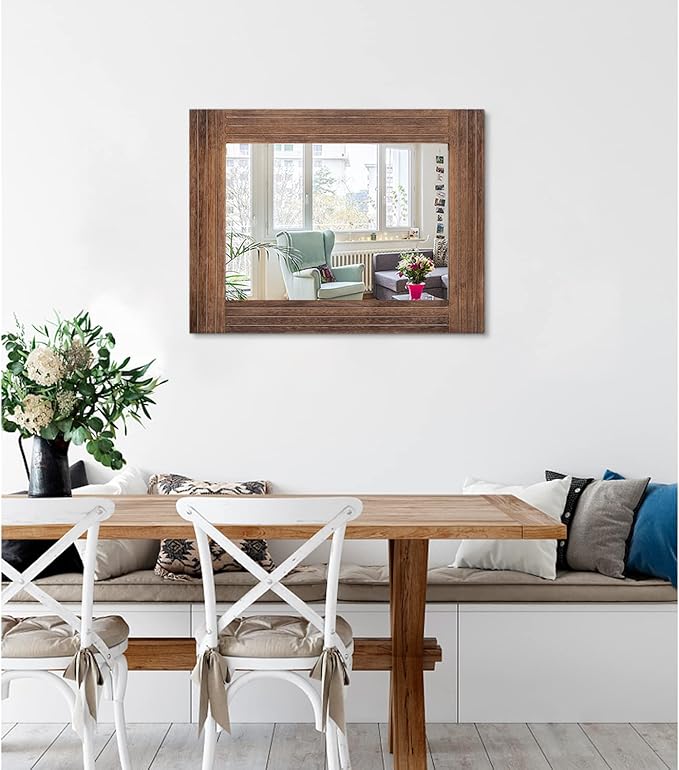 Wood Mirror Rectangular Framed Rustic Vintage Mirrors Decor Farmhouse Bedroom Bathroom Mirror for Dressing Table Entrance Large 20