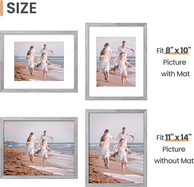 upsimples 11x14 Picture Frame Set of 5, Display Pictures 8x10 with Mat or 11x14 Without Mat, Wall Gallery Photo Frames, Gray