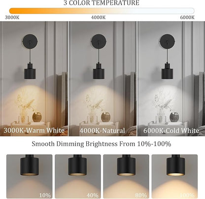 Wall Light Battery Operated Wall Sconces Set of 2,Black Indoor Wireless Wall Sconce No Hardwired 3000K-6000K Dimmable Remote Control(Bulbs Include)