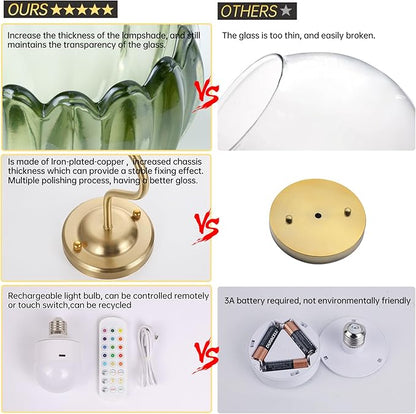 Vintage Battery Operated Wall Sconce Set of 2, 5000mAh Rechargeable Wall Light, Indoor Battery Powered Wall Lamp for Bedside Bedroom Living Room, Tulip Green