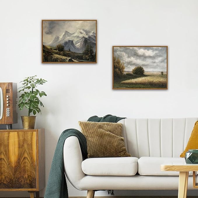 SHENIFY Vintage Landscape Framed Canvas Wall Art Grassland Classic Wall Prints Farmhouse Bathroom Office Decor - 11x14in Natural Framed