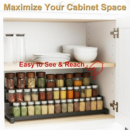 3-Tier Spice Rack Organizer for Cabinet, Expandable Kitchen Organizer 14.4 to 26.1 Inch Seasoning & Pantry Organizer for Countertop, Metal Non-Skid Step Storage Shelf for Condiments, Oils, Cans, Jars