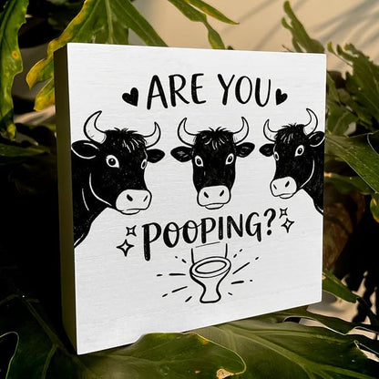 Funny Rustic Bathroom Wooden Box Sign 5x5 Inch - "ARE YOU POOPING" Humorous Restroom Quote Decor, Farmhouse Style Shelf Desk Table Decoration for Home Bathroom