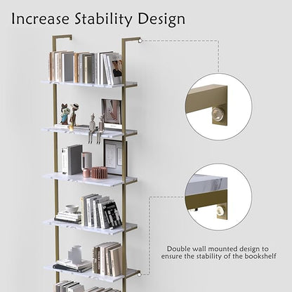 aboxoo Ladder Shelf 6-Tier Bookshelf,White Faux Marble Shelves Wall Mounted Bookshelf Open Storage Rack Display Shelf Plant Stand for Living Room Kitchen Home Office Bedroom