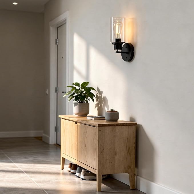 1-Light Black Bathroom Wall Sconce with Clear Glass Shade, Modern Vanity Light Fixture Over Mirror for Bathroom, Bedroom, Hallway, Living Room