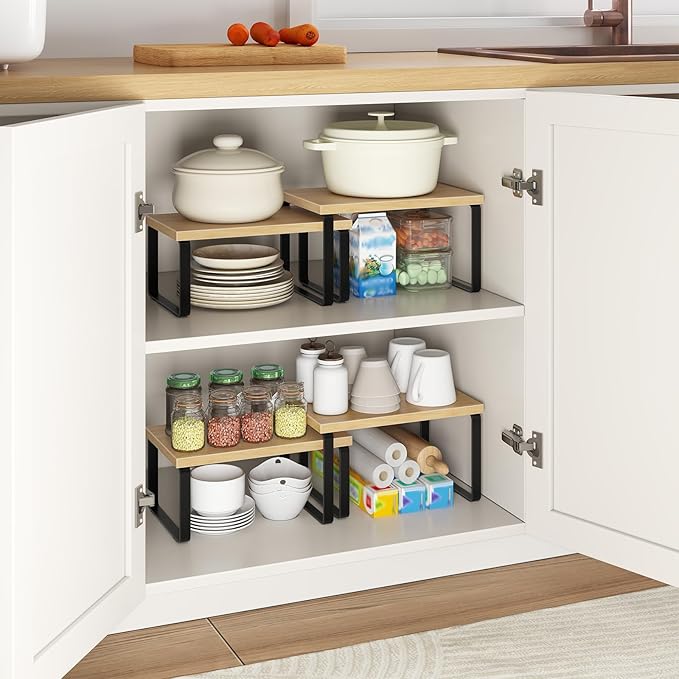 HOOBRO Spice Rack Set of 2, Kitchen Counter Organizer, Kitchen Storage, Cabinet Organizer Shelf, Nest, Stackable, Side-by-Side & L-Shape for Cabinet, Kitchen,Bathroom, Natural and Black BN33TL01