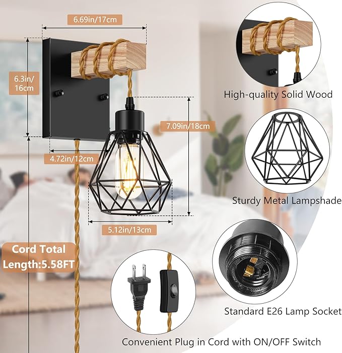 Farmhouse Wood Wall Sconces with Plug in Cord, Black Wall Sconces Set of Two, Wall Lamps that Plug into Wall Outlet, Vintage Sconce Lighting Wall Decor for Bedroom Living Room, with 5.58FT Cord