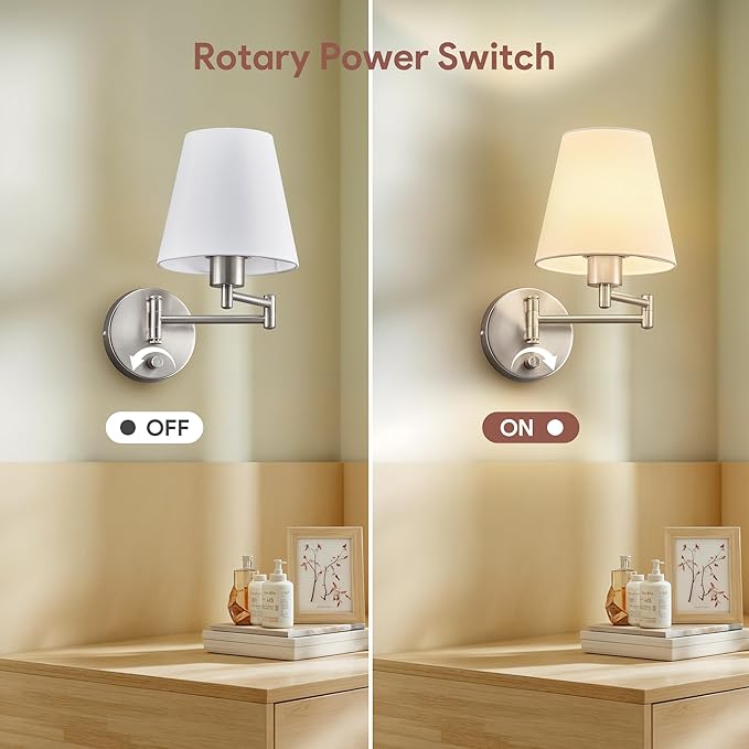 VONLUCE Modern Adjustable Swing Arm Wall Lamp Brushed Nickel, Plug-in Wall Sconce Lighting for Bedroom Bedside, Living Room, Kitchen, Hallway, Wall Mounted Light Fixtures with White Fabric Shade