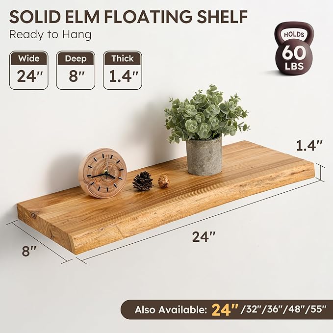 Floating Shelves Set of 2, Solid Elm Wood Wall Shelves 24 Inch - Invisible Bracket Mount for Living Room, Bedroom, Kitchen, Bathroom - Natural